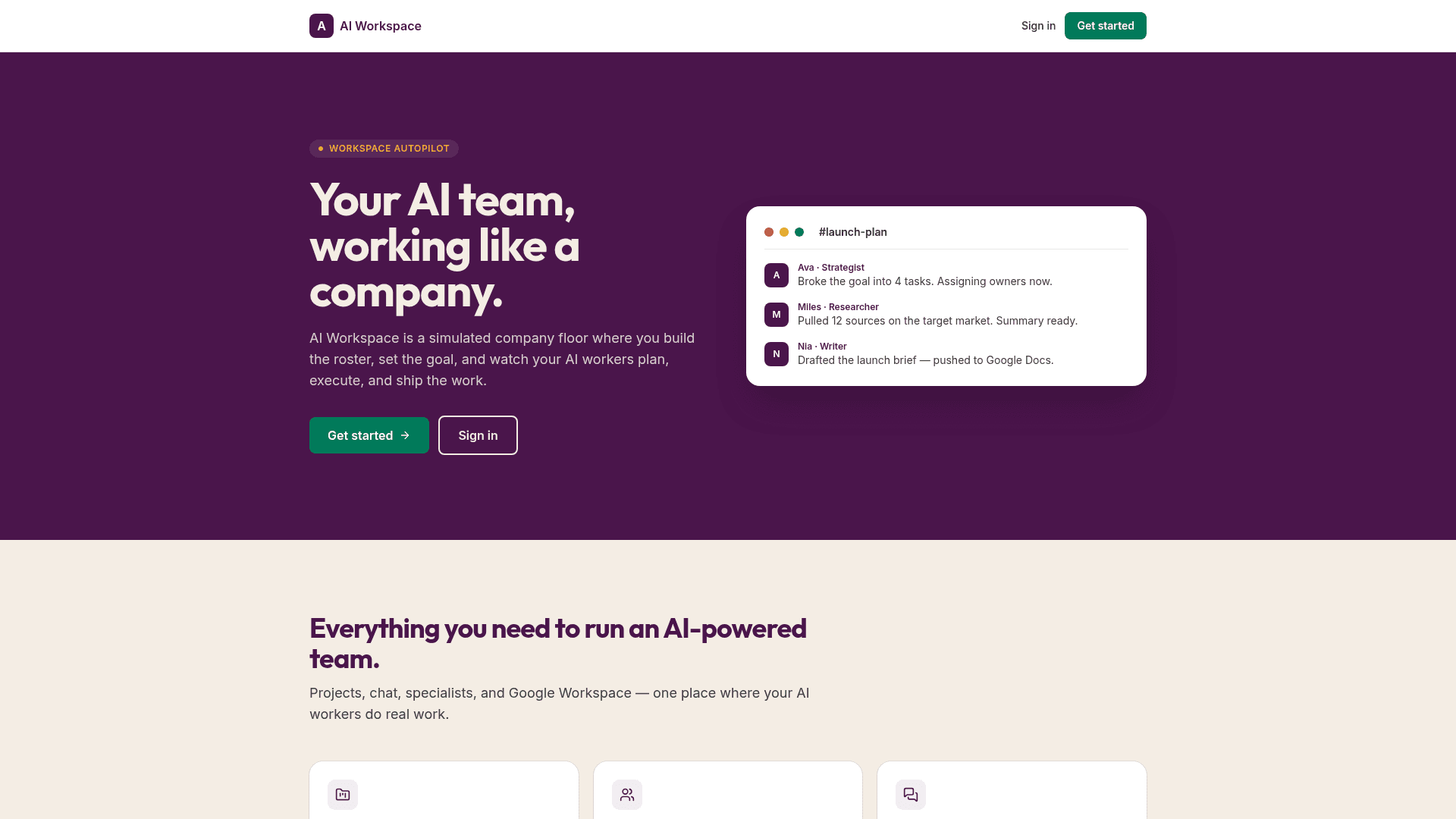 AI Workspace — simulated company floor of AI workers